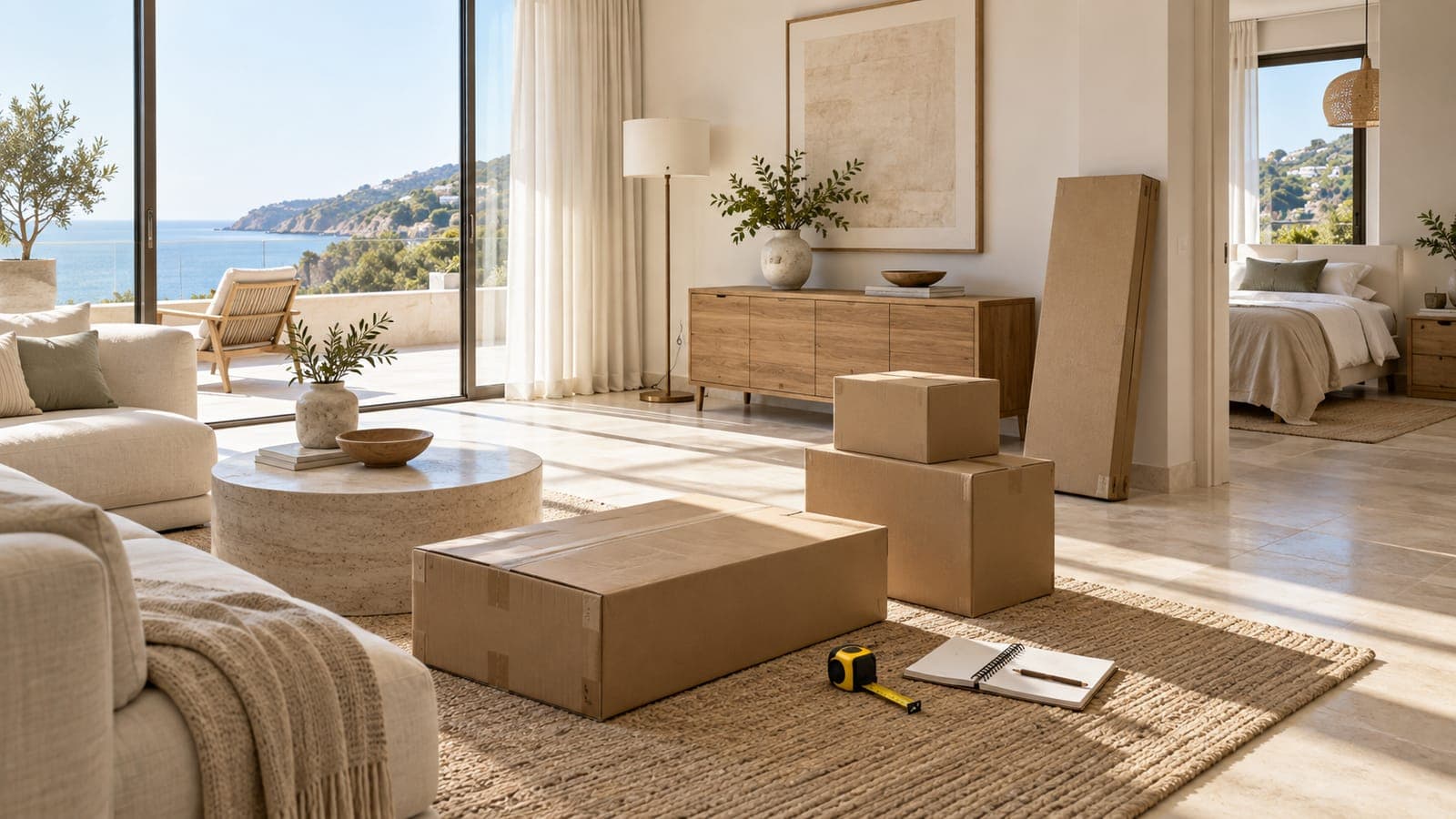 Empty rental apartment with furniture boxes and a tape measure on the floor