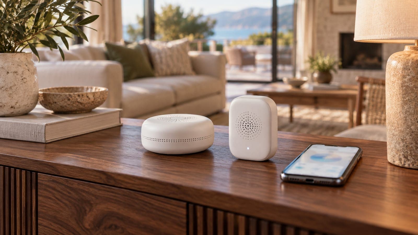 Two small noise sensors on a table beside a phone