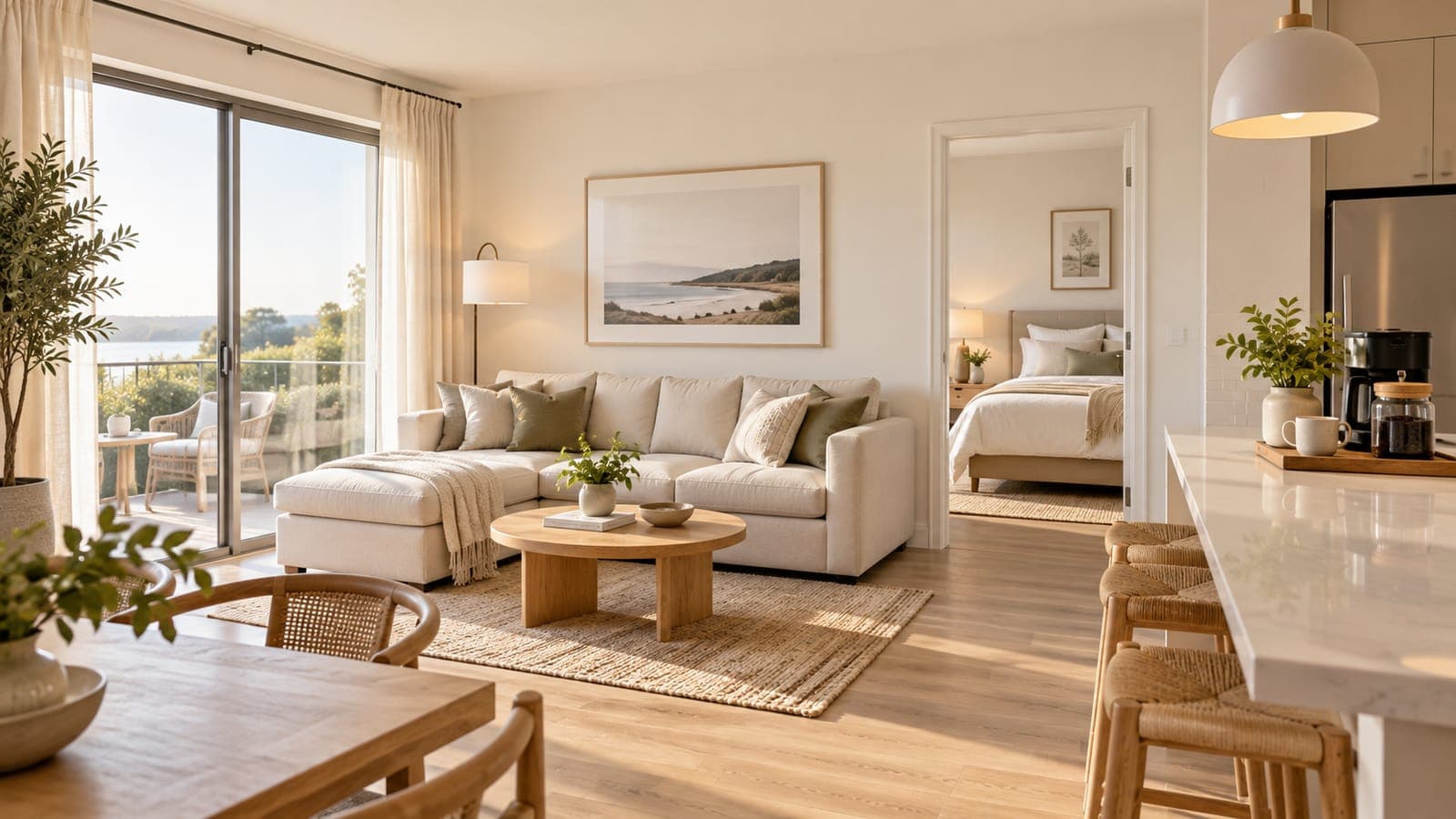 A fully furnished short-term rental living room and kitchen ready for guests