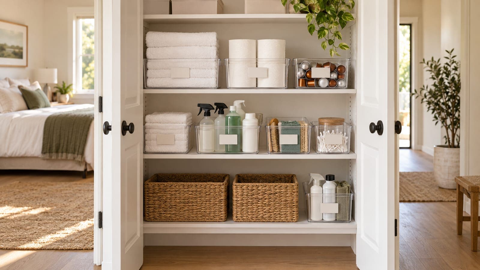 Neatly organized rental supply closet with labeled bins of linens and consumables