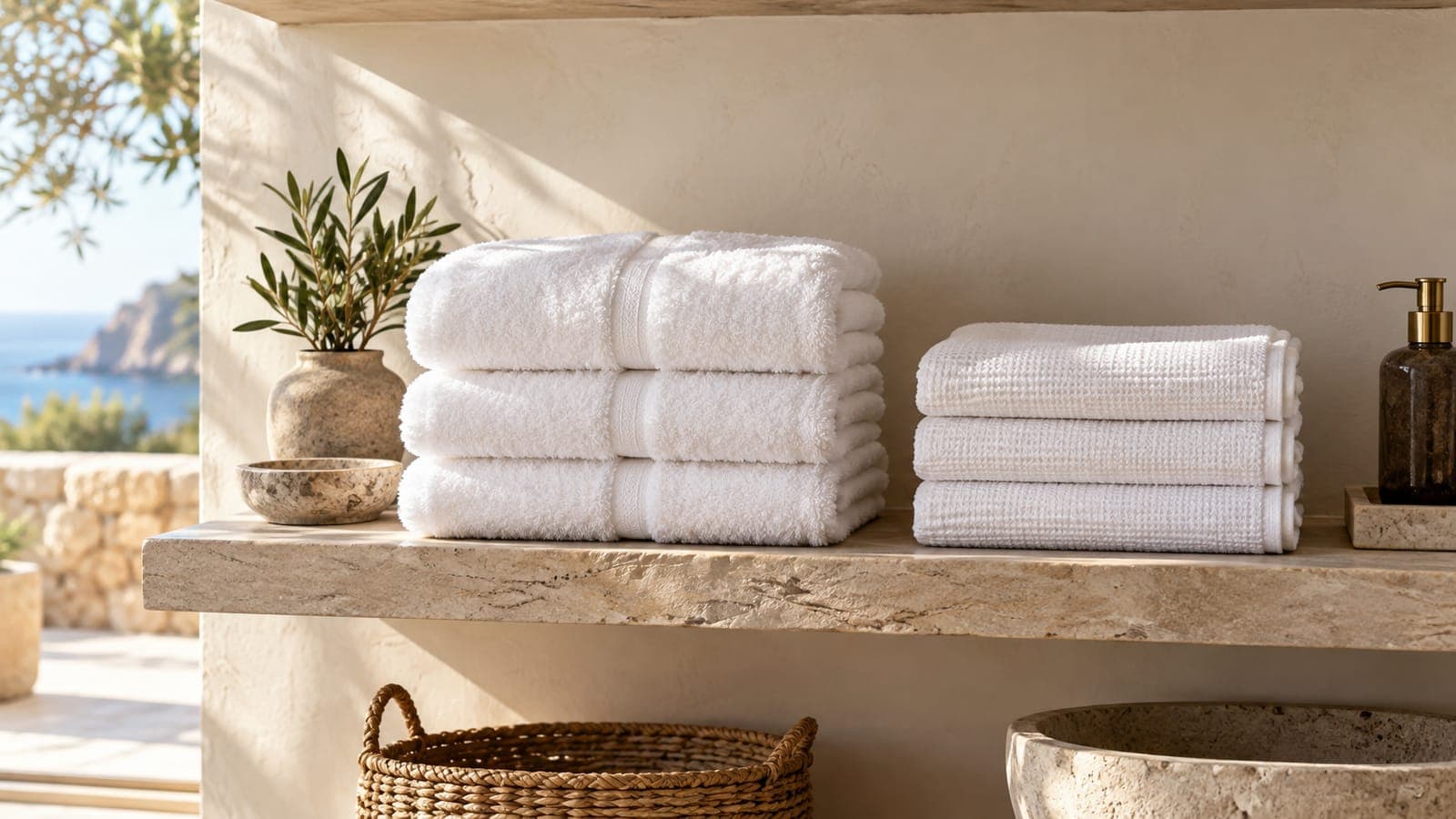 Two stacks of white towels of different thickness side by side