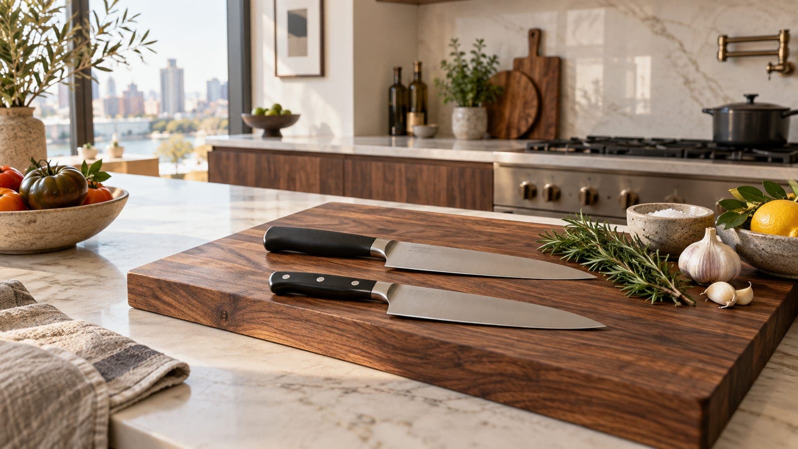 Two chef's knives side by side on a cutting board
