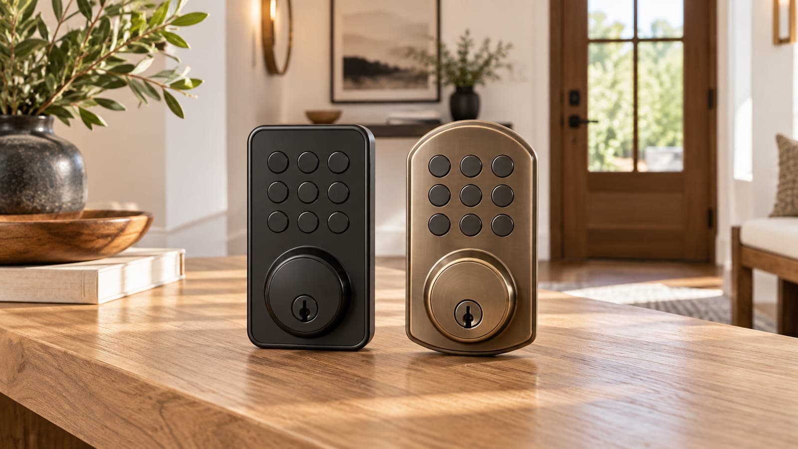 Two keypad smart locks side by side on a workbench