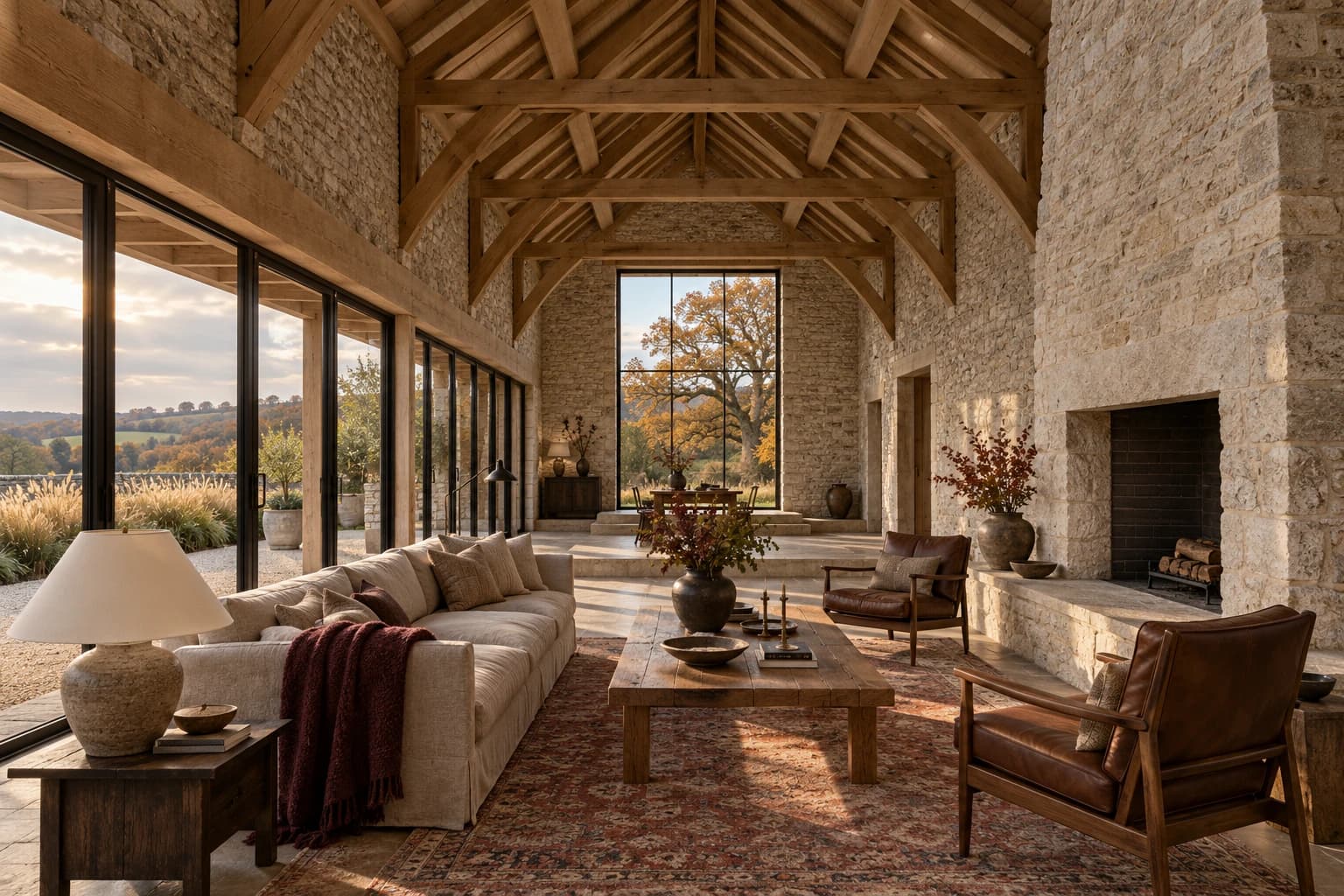 Fieldstone concept: an oak-trussed stone barn hall with a monumental hearth, flax sofa, leather chairs and timber table opens to autumn countryside.