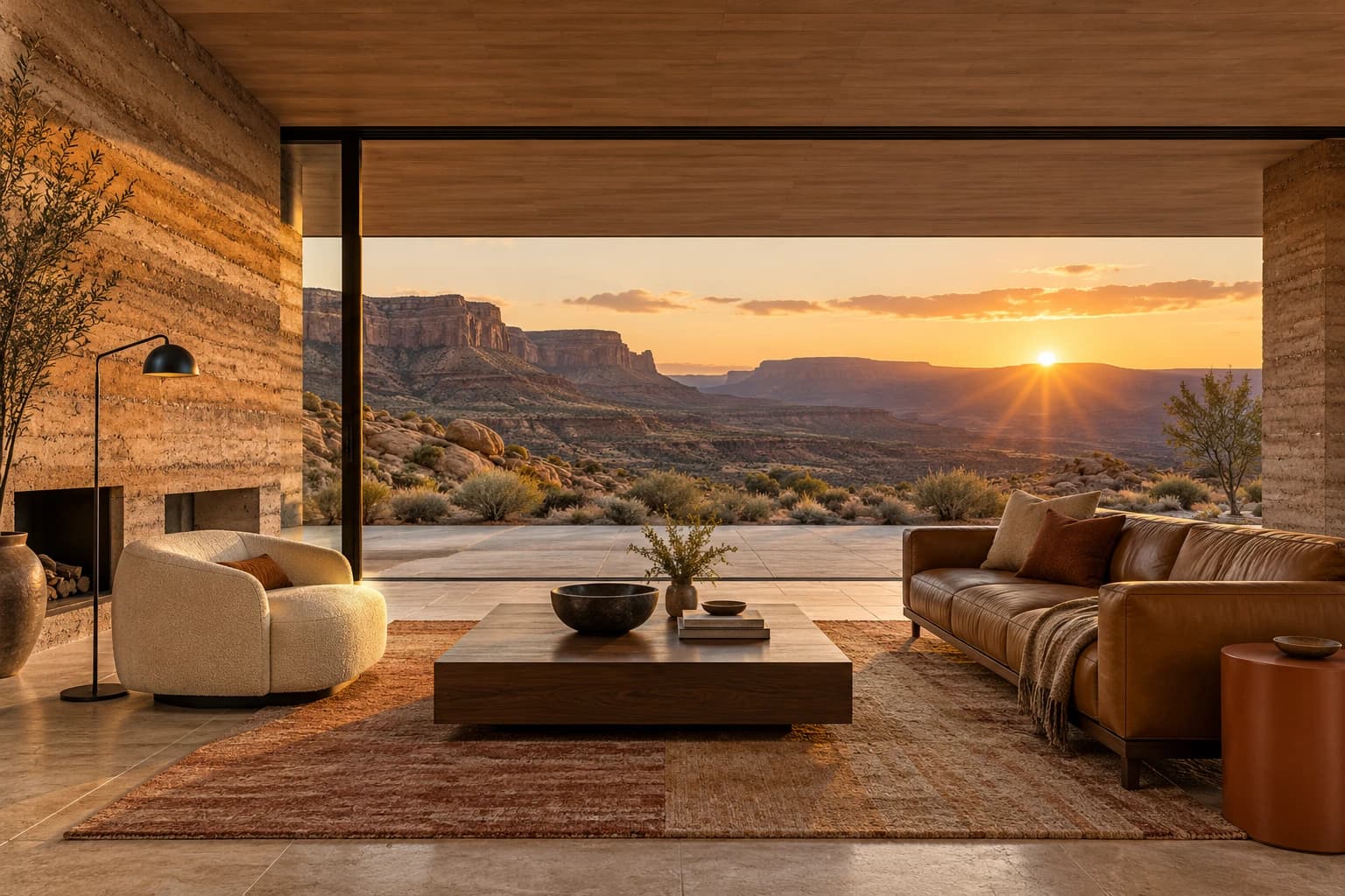 Mesa concept: rammed-earth piers support a straight low roof over caramel leather seating and a walnut table, framing a vast sandstone escarpment at sunset.
