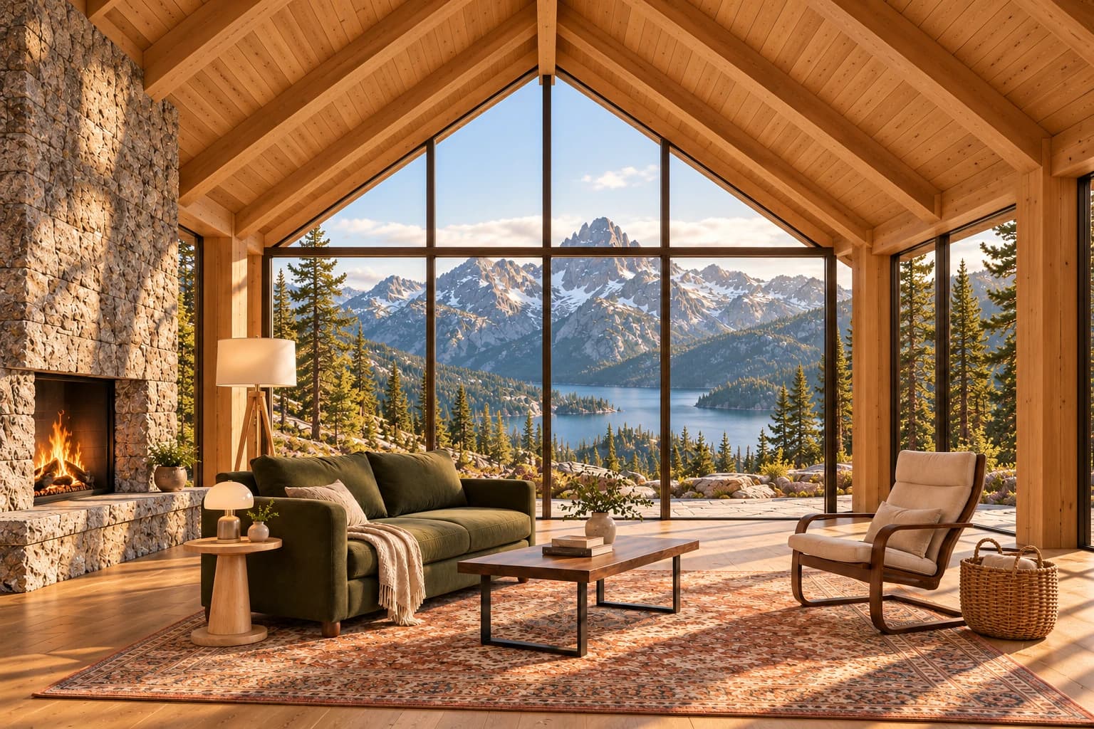 Ridgeline concept: a symmetrical timber gable frames a mountain lake, with a green sofa, pale lounge chair, walnut table and coral patterned rug.