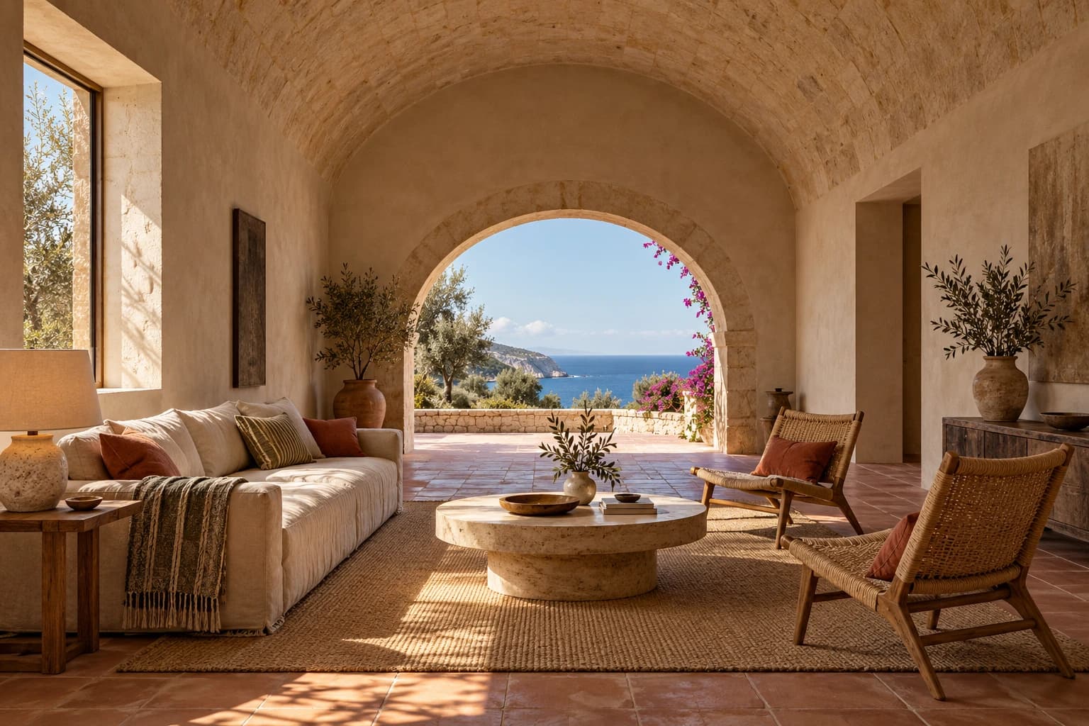 Solstice concept: a limestone barrel-vaulted salon and one deep arch frame an olive terrace and blue sea, with linen seating, woven chairs and a stone coffee table.