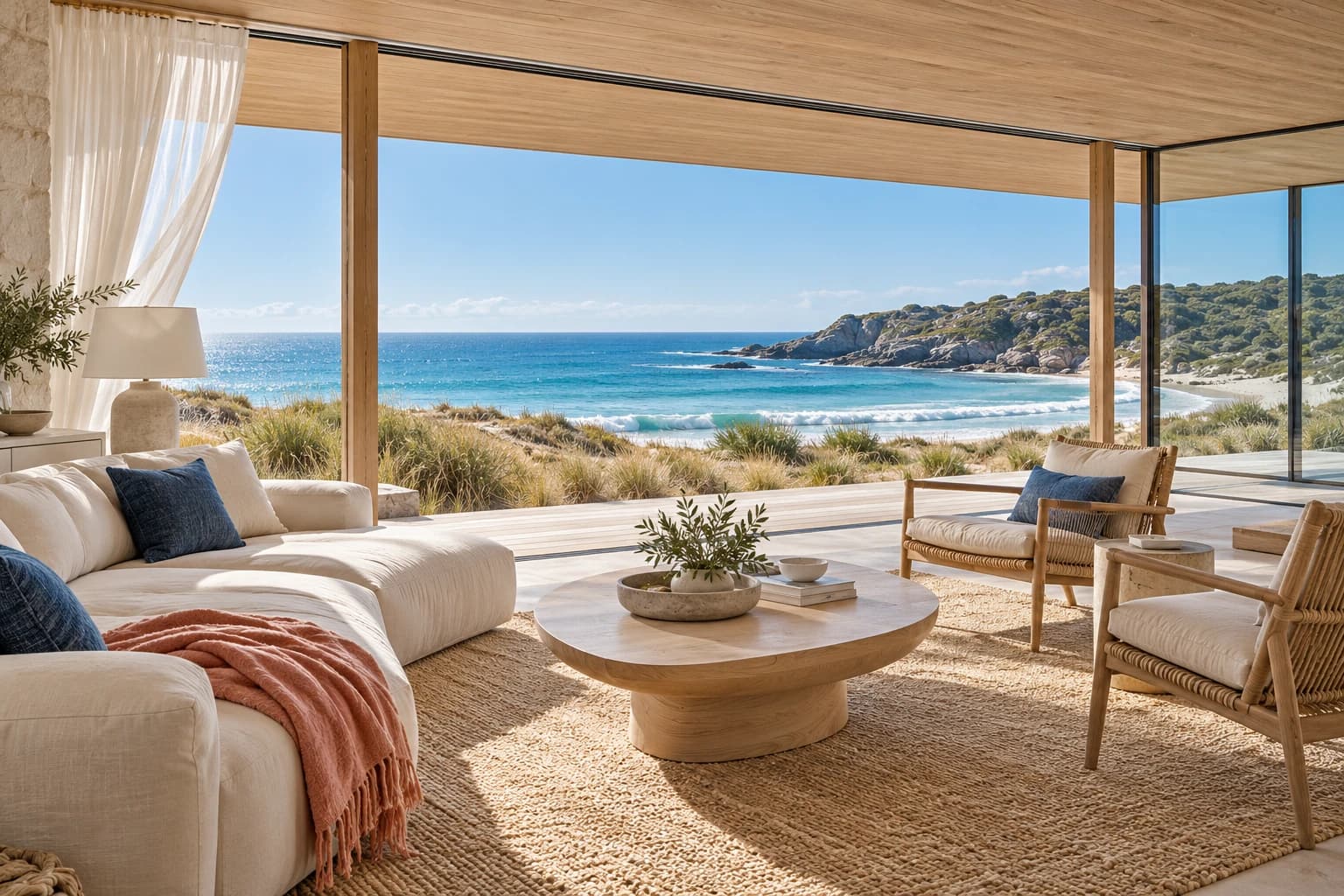 Tidelight concept: a pale timber pavilion opens across dune grasses to a turquoise cove; ivory seating, woven chairs and an oval oak table sit below a continuous flat roof.